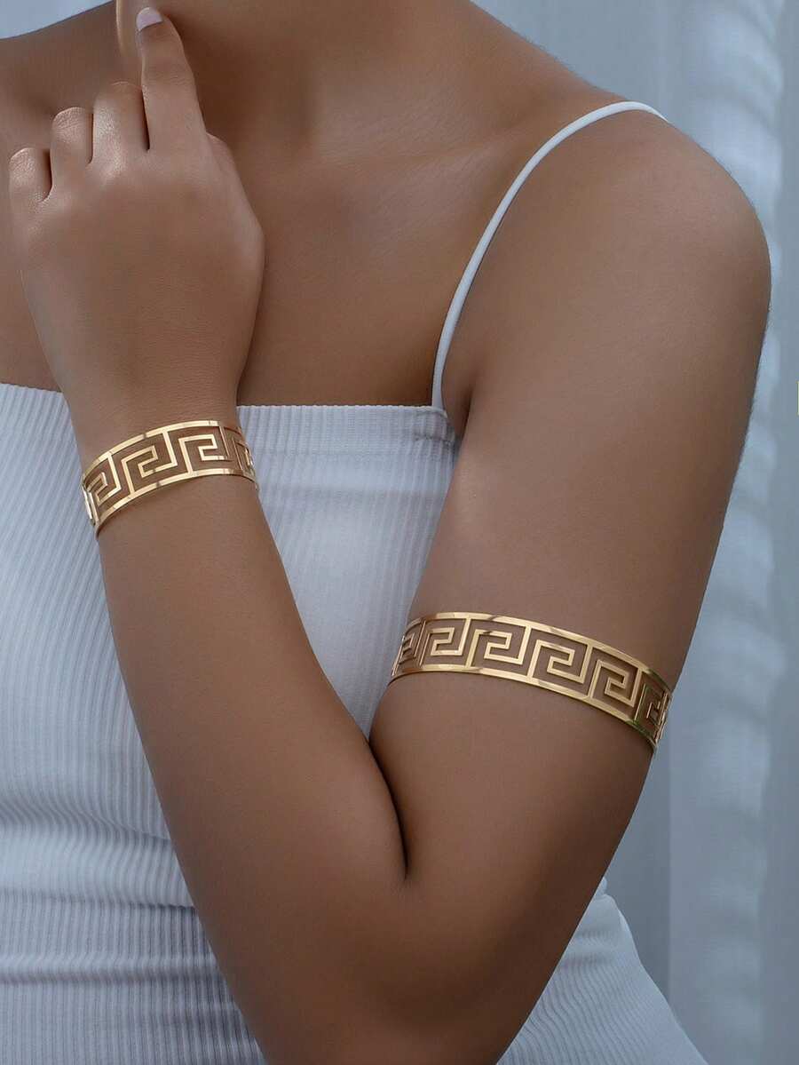 Set de 2 piezas de brazaletes y pulseras con textura geométrica de zigzag de metal dorado exagerado, adecuado para atuendos diarios, de fiesta y de vacaciones de mujeres - Amarillo Oro - Ver 1