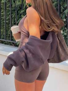 Women Open Front Bolero Shrug Long Sleeve Drop Shoulder Cropped Cardigan Sweaters Crochet Dressy Cardigans For Dresses Outerwear - Màu Khaki - Xem 3