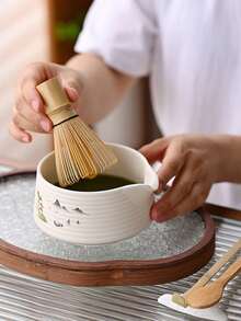 4pcs Sakura Ceramic Matcha Bowl Set, Includes Matcha Bowl, Chasen (Bamboo Whisk), Chashaku (Bamboo Scoop), Hishaku (Bamboo Ladle), Japanese Style Matcha Preparation Tools, Foaming Whisk, Lip Matcha Bowl, Traditional Japanese Matcha Tea Set, For Making Frothy Matcha Green Tea.