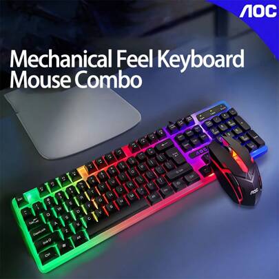 AOC KM100 Gaming Keyboard And Mouse Set Mechanical Feel Keyboard + Gaming Mouse With Precise Tracking Colorful Backlight System For Immersive Gaming Splash-Proof And Durable Design Black
