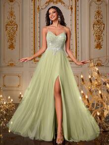 VIPGIRL 浅绿色亮片吊带薄纱礼服，开衩设计，优雅A字型及地公主风舞会礼服，适合选美比赛、伴娘、晚宴、婚礼和其他正式场合。 - 青檸色 - 查看 5