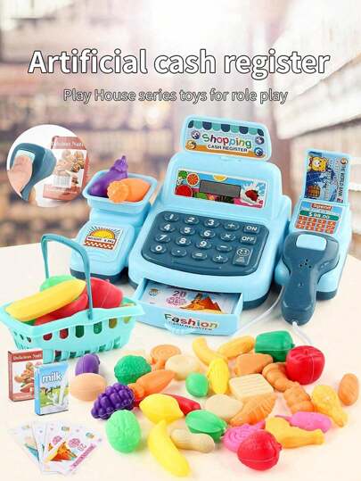 1套儿童模拟过家家玩具超市收银机角色扮演迷你便利店收银员模型亲子互动玩具，2节5号电池供电，适合男孩女孩角色扮演玩具（不含电池，部分配件颜色随机）