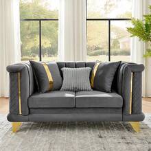 YOGLAD Luxurious Chesterfield Velvet Sofa With Gold Stainless Steel Trims, Modern 3-Seater Sofa And 2-Seater Sofa With Curved Backrest Rolled Arm  And Embroidered Texture 2 Fur & 2 Gold Strip Pillow For Living Room, Bedroom, Apartment, Office - Xám - Xem 4