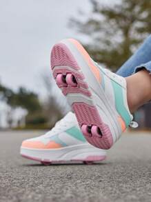 1双儿童拼接撞色PU系带厚底可爱轮滑鞋，适合四季日常穿着，儿童直排轮滑鞋 - 粉色 - 查看 3