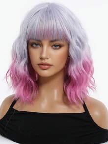 Peluca sintética de 12 pulgadas con ondas cortas y efecto ombré en púrpura, con flequillo, apta para uso diario, fiestas y cosplay - Ombre Púrpura - Ver 5