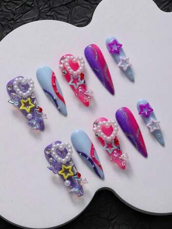 10 Pieces Acrylic Press On Nails,Summer Nails Press On Nails Beach Essentials, Fake Nails, Y2k Nails, Halloween Nails, Dopamine Bear, Stars, Heart-Shaped Pearl Ring, Aurora Bow,Suitable For Women's Holiday, Party And Other Scenes, Gift A Set Of Nail Tools