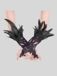 2pcsLadies' Halloween Dark Feather Lace Hooked Finger Gloves Party Ball Black Lace Bracelet Wrist Accessories Women's Black Lace Feather Gloves Witch Angel Costume Accessories Swan Wing Wristband