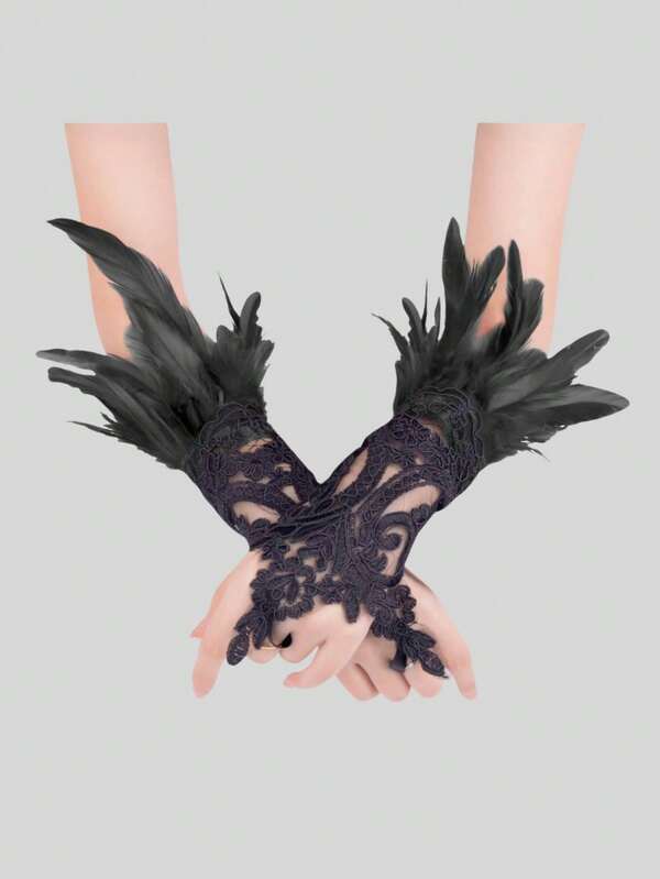 2pcsLadies' Halloween Dark Feather Lace Hooked Finger Gloves Party Ball Black Lace Bracelet Wrist Accessories Women's Black Lace Feather Gloves Witch Angel Costume Accessories Swan Wing Wristband
