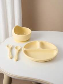 PopLittleOne 4PCS Baby Silicone Dinner Sets Color Contrast Plate Suction Bowl Eating Training Spoon Fork Colorful Baby Tableware Sets - Multicolor 1 - View 11