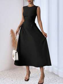 2025 Frühling/Sommer Neuer Europäischer & Amerikanischer Stil Einfarbiges Kleid mit Schnürung in Taille, elegantes Knielanges Kleid, Damen Ärmellos Hoch Tailliert A-Linie Kleid, Rundhalsausschnitt, feminin, geeignet für Alltag und Büro - Schwarz - Übersicht 6