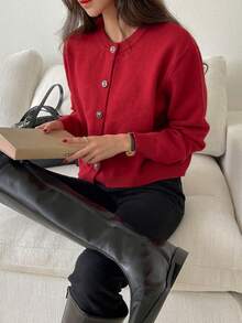 Cárdigan informal con botones de color sólido para mujer, suéter corto de manga linterna retro de otoño e invierno, adecuado para ocasiones diarias en primavera y otoño. - Rojo - Ver 8