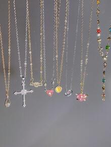 8 件 Y2K 风格可爱简约优雅复古设计彩色水晶闪亮心形蝴蝶花朵郁金香星星十字水滴仿宝石猫眼吊坠多层项链套装，适合节日、派对、约会、礼物、日常佩戴 - 金黃色 - 查看 8