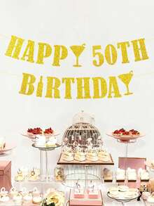 1pc HAPPY BIRTHDAY Pull Flag, 18/21/30/40/50/60 Black/Gold/Silver/Rose Gold/Champagne Gold/Blue Birthday Party Decoration Pull Flag Banner - Multicolor - View 7