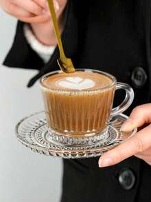 1pc Premium Glass Coffee Cup & Saucer Set, Creative Embossed Striped Textured Cup & Saucer, Elegant Afternoon Tea Cup & Saucer, Household Breakfast Milk Cup - Transparent - View 12