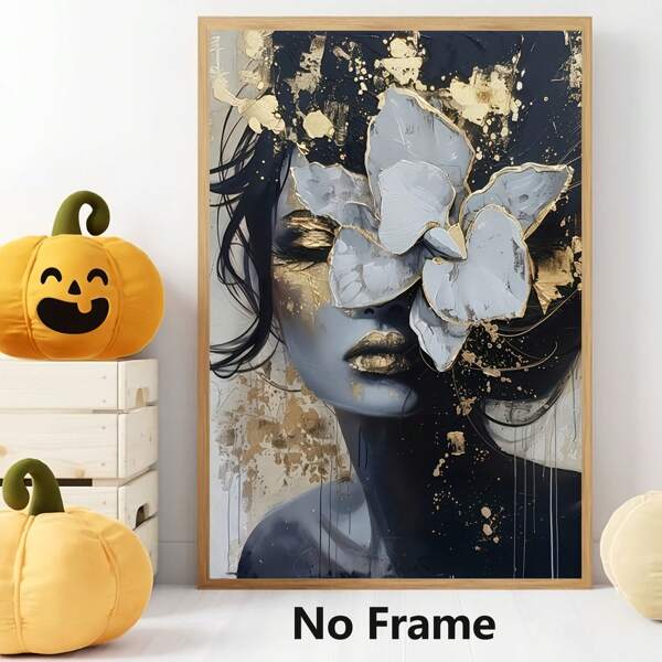 1 Piece,Golden And White Floral Portraits, Modern Frameless Art Decoration Painting, Printed Posters Mural, Waterproof Canvas,Suitable For Home, Office, Bedroom, Living Room, Study, Bathroom, Bar, Wall Arts And Home Decoration, Is An Ideal Holiday Gift