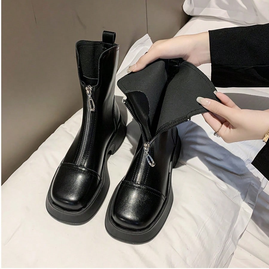 Botas con suela gruesa y cremallera frontera de moda para mujer, botas ajustadas, botas de tobillo para otoño/invierno, botas para mujer