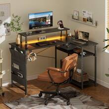 HLONONE L-Shaped Desk With LED And Sockets, 110 X 80 Cm, Corner Desk With Shelf, Computer Desk With Monitor Stand And Storage Bag, Gaming Table L Shape For Home Office - 查看 7