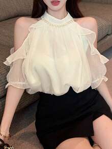 夏季新款仿珍珠项链露肩优雅光泽雪纺衬衫收腰半身裙套装，高端上衣 - 杏色 - 查看 5