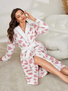 爱心印花口袋毛绒领女式睡袍，冬季保暖，蓬松舒适 - 粉色 - 查看 6