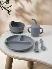 PopLittleOne 5 PIEZAS Conjunto de cubiertos de silicona para bebé, tazón con succión, plato, taza antiderrame, cuchara y tenedor blandos, vajilla para alimentación y entrenamiento de bebé antideslizante - Multicolor - Ver 18