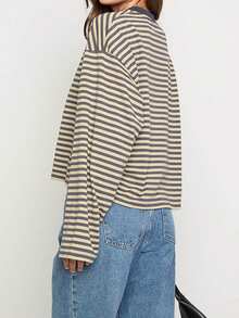Women Oversized Striped Color Block Long Sleeve Crew Neck Sweatshirt Casual Loose Pullover Y2K Shirt Top - 芥末黃 - 查看 3