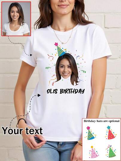 Customized Photo T-Shirt, Simple Spring/Summer/Autumn Women's Clothing, Customize Friends/Couples/Pets/Sisters/Selfie/Photo Printing, Customize Text/Blessing/Name, Group Clothing Customization, Surprise Gift, Birthday Gift, Wedding Gift, Mother's Day Gift, Best Friend Gift, Anniversary Gift, Valentine's Day Gift, Gift For Her, Ladies Top, Party Gift White