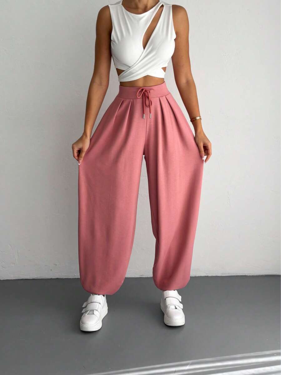 Pantalones casuales plisados de modal, unicolor - Rosa - Ver 1
