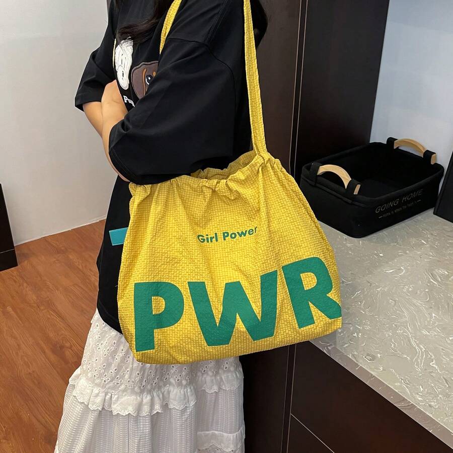 1pc Fashion Gray White Pink Yellow Green Blue Large Capacity Bag Women's Shoulder Bag Drawstring Design Tote Bag Casual Nylon Bag Vacation Travel Versatile Bag Casual Travel - 黃色 - 查看 1