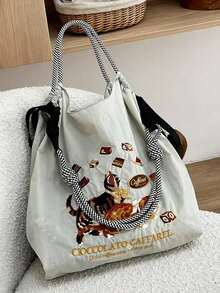 1pc New Fashion Embroidered Cute Cat Pattern Lightweight Nylon Large Capacity Tote Bag, Suitable For Party, Travel, Shopping And Beach, Shoulder & Crossbody