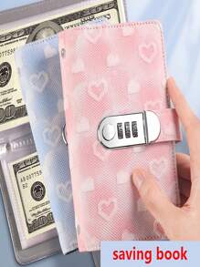 密码锁存钱罐，可爱心形图案，方便，适合女性，包含 50 页，可容纳超过 100 张支票、账单、照片、邮票和银行卡，方便存储和管理 - 灰色 - 查看 12