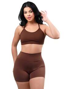 Work Fitness Kit 2 Set Of Backless Top With Cross Straps And Basic Premium Bermuda Shorts - Rust Brown - View 4