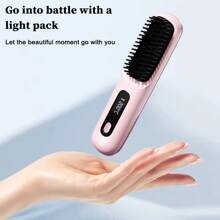 Cordless Hair Straightener Brush, Portable Negative Ion Hair Straightener Hot Comb, LCD Display Anti-Scald Hot Straightening Brush With 3 Heating Settings, USB Charging, Easy To Carry For Traveling Pink