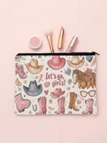 1 件，西部牛仔“Let's Go, Girls”图案印花化妆包和洗漱用品收纳包 - 牛仔学院风格可重复使用医药包，粉色牛仔帽和牛仔靴美学铅笔袋，旅行和化妆收纳包 - 适用于学校、夏季家居装饰、珠宝收纳、零食袋 9 英寸 * 6 英寸旅行必备包，适合学校假期返校用品女士旅行包 - 彩色 - 查看 7