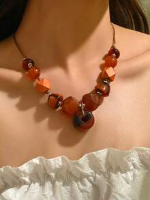 1 件波西米亚复古木质八角形串珠手工吊坠项链，夸张短款颈链，适合女士