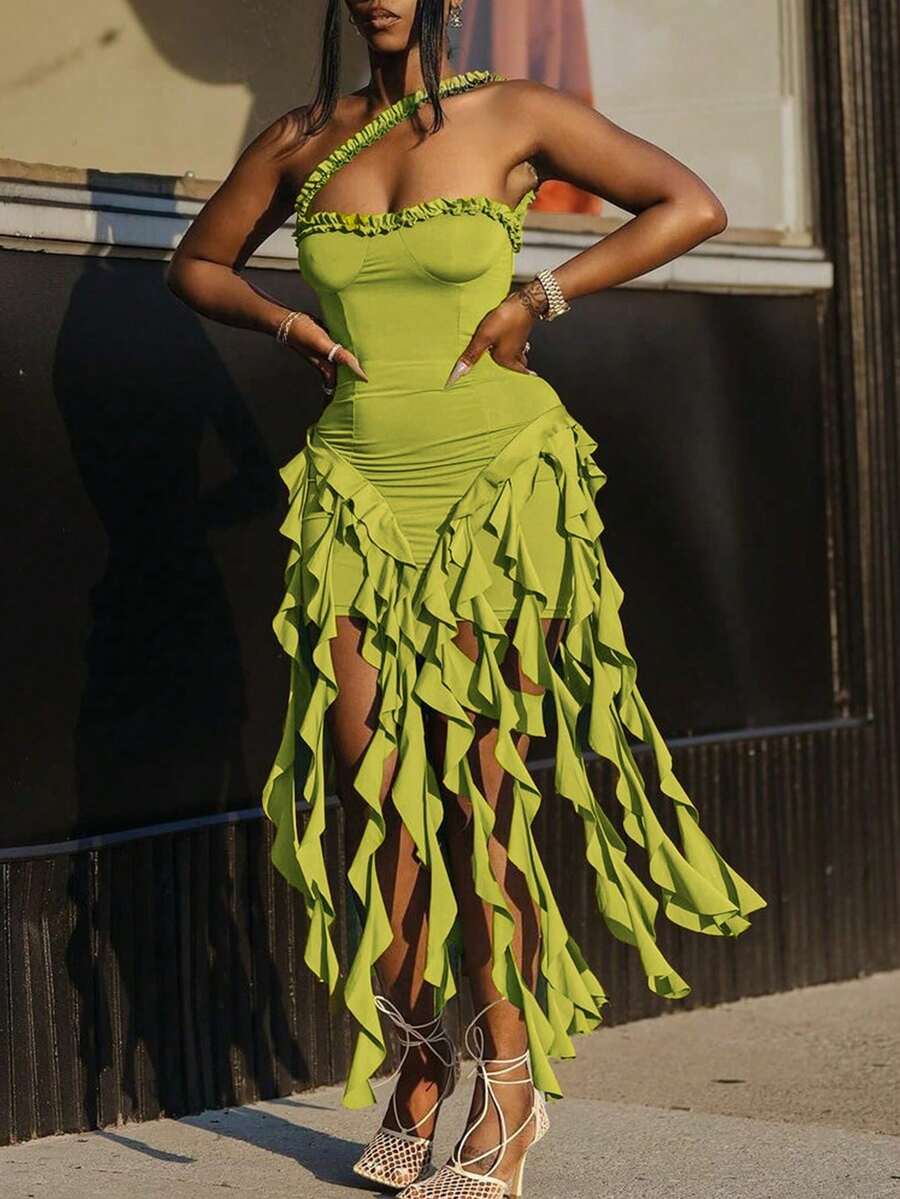 Halter Ruffle Layered Hem Bodycon Dress In Bright Green, Asymmetrical Fringe Summer Beach Look - Green - View 1