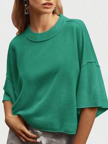 Womens Short Sleeve Sweater Summer Oversized Cropped Sweaters Casual Crewneck Lightweight Knit Tops - màu xanh lá - Xem 2