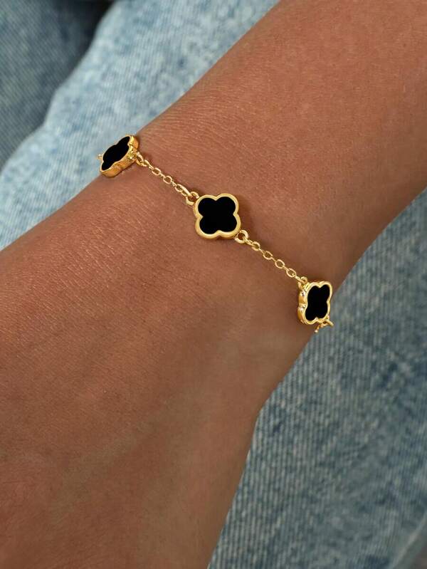 1pc 925 Silver Lucky Clovers Gold - Plated Bracelet With Black Inlay, Elegant & Gorgeous, Simple & Fashionable Design, Ideal For Date Nights, Graduation Gifts Or Daily Wear