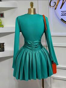 Women's Elegant Party Ruched Fitted Long Sleeve Dress, Spring/Autumn - Green - View 2