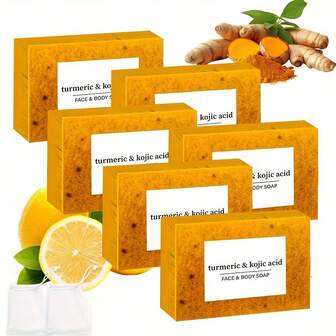 6pcs Lemon Turmeric Kojic Soap Fragrance - Jabon De Curcuma, Honey Glow Lemon Turmeric Kojic Soap Bar, Natural Handmade Soap For Face & Bod