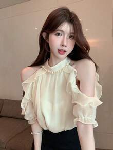 夏季新款仿珍珠项链露肩优雅光泽雪纺衬衫收腰半身裙套装，高端上衣 - 杏色 - 查看 2