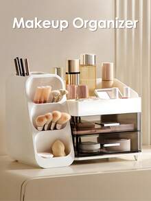 Makeup Organizer With Brush Holder, Lipstick Organizer, Large Bathroom Countertop Organizer, Nail Polish Organizer, Skin Care Storage, Make Up Organizers For Storing Lipsticks, Nail Polishes, Perfumes, White Makeup Organizer Storage Organizer Vanity Organiser Bathroom Organizer Perfume Organizer Jewelry Organiser Hair Accessories Organizer Jewelry Box Organization And Storage For Dorm Room Essentials College Makeup Brush Holder Desk Accessories Nail Supplies Vanity Accessories Travel Essentials Bathroom Accessories Bathroom Decor Room Decor Summer, Valentines Gift - 白色 - 查看 1