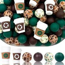 8/25/28/80pcs 3D Star Silicone Bead Set, Includes 15mm Coffee Bean Printed Round Beads. Brown & Green Round Beads Suitable For Jewelry Making, DIY Earrings, Necklaces, Bag Chains, Pen Decorations, Phone Straps - Perfect For Coffee Lovers - New Coffee Series - View 18