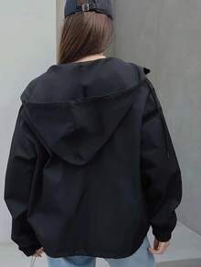 Chaqueta con capucha con cremallera de unicolor para mujer, cortavientos casual de manga larga con cordón, unicolor con bolsillo con cremallera y cordón para primavera/otoño - Negro - Ver 3