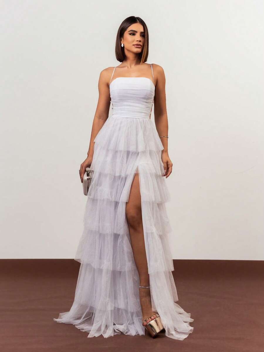 LONG WEDDING PARTY DRESS BRIDESMAIDS CLASSIC TULLE WITH SHINE - WHITE - View 1