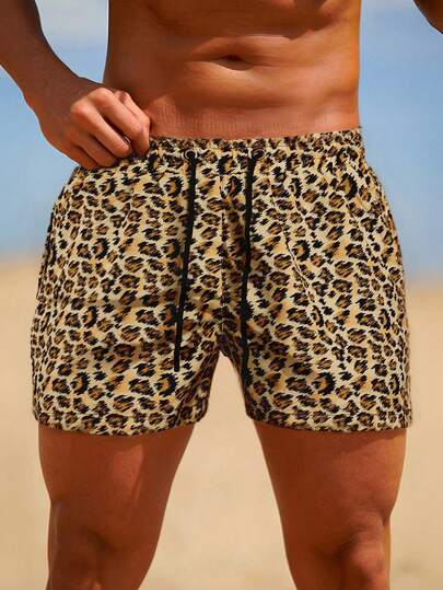  Calção de banho masculino GINGTTO, justo e ajustado, com estampa de leopardo, 18 cm, secagem rápida, moderno, casual e confortável, com forro interno em malha essencial