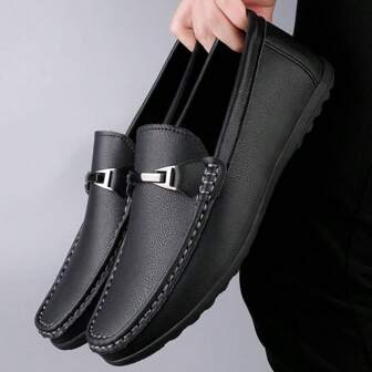 Luxury Men Leather Penny Loafers, Casual Straw Woven-Style Slip-On Flat Shoes With Convenient Elastic Band, Formal Shoes For Daily Wear, Wedding, Banquet, Office, Business Occasions In Spring And Autumn