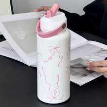 1pc Stylish Pink Ribbon Bow Print Insulated Cup - Available In 600/800/1000ml | 304 Stainless Steel Coffee Mug & Juice Bottle For Hot/Cold Beverages | Perfect For Camping, Picnics, Travel, Gifts, Parties, Afternoon Tea, Office & Daily Use - 彩色 - 查看 8