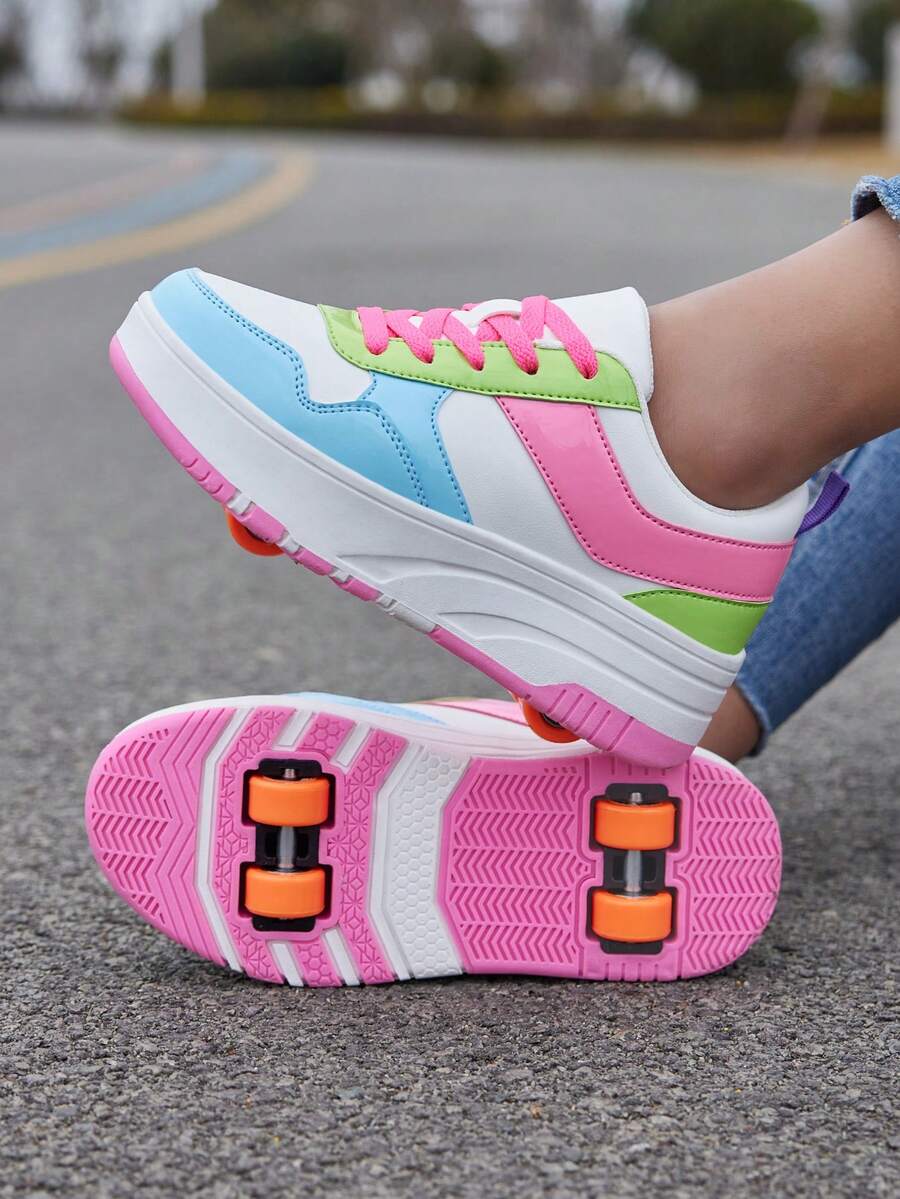 BLSART 1 Pair Kids PU Colorblock Lace-Up Round Toe Thick Sole Detachable Hidden 2-In-1 Four-Wheel Roller Shoes, Suitable For Outdoor Daily Skating, Children's Wheeled Sports Shoes, Student Gift