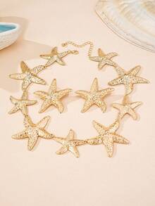 3pcs/Set Nautical Metal Starfish Pendant Necklace & Earrings Set, Suitable For Women's Daily & Vacation Outfits - Yellow Gold - View 5