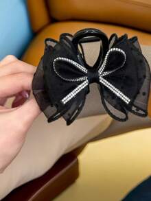 1pc Women's Shiny Bow Polka Dot Mesh Scrunchie Hair Claw Clip, Elegant Flower Hair Claw For Bun Hair Accessories Autumn Accessories